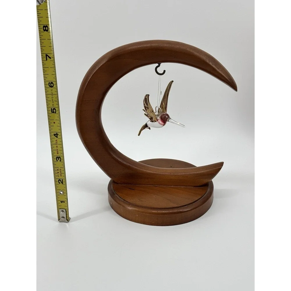 Vtg Wood Crescent Stand With Glass Hummingbird Moon Ornament Display‎ Holder 7